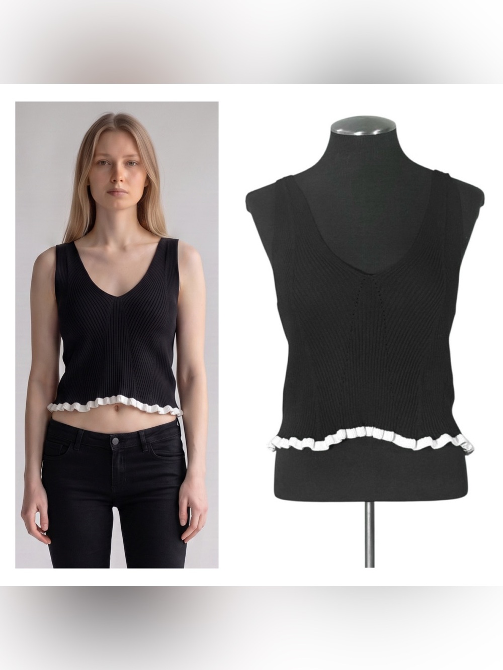 Zara – Knit Sleeveless Ruffle Hem Cotton Blend Crop Top – Small